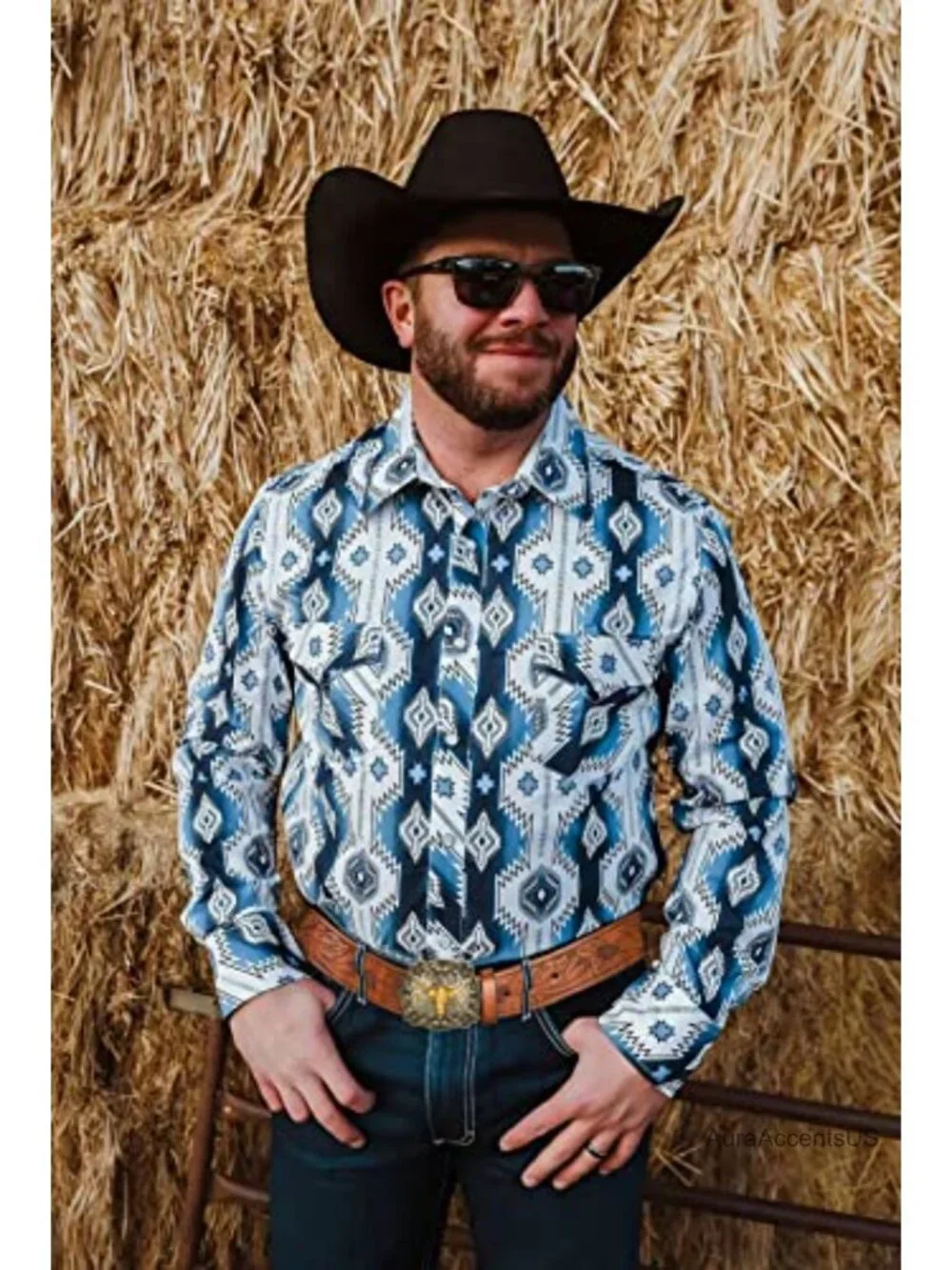 Women PU-Leather Cowboy Belt Embossed Floral Buckle Western Belts Unisex